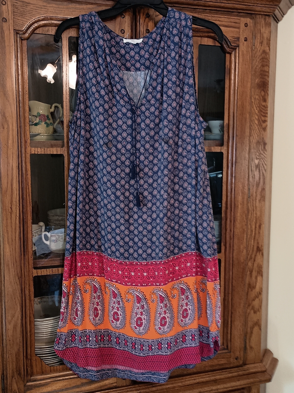 Paisley Border Sleeveless Midi Dress - Blue, Orange & Pink